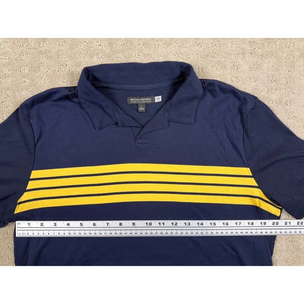 Mens Banana Republic Polo Golf Shirt Striped Navy Yellow Short Sleeve Sz L #1348
